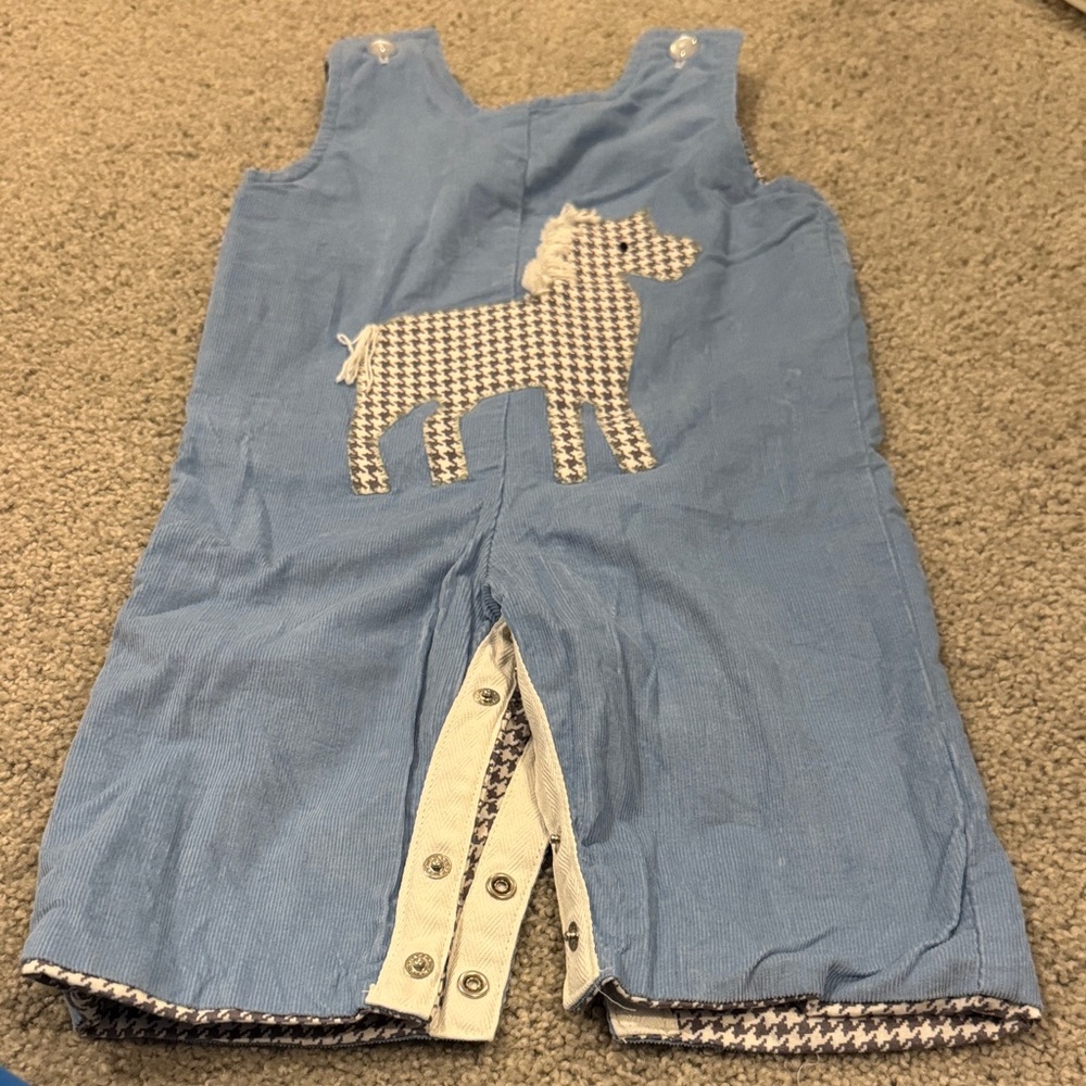 Blue Corduroy Kids Overalls with Houndstooth Pony Appliqué